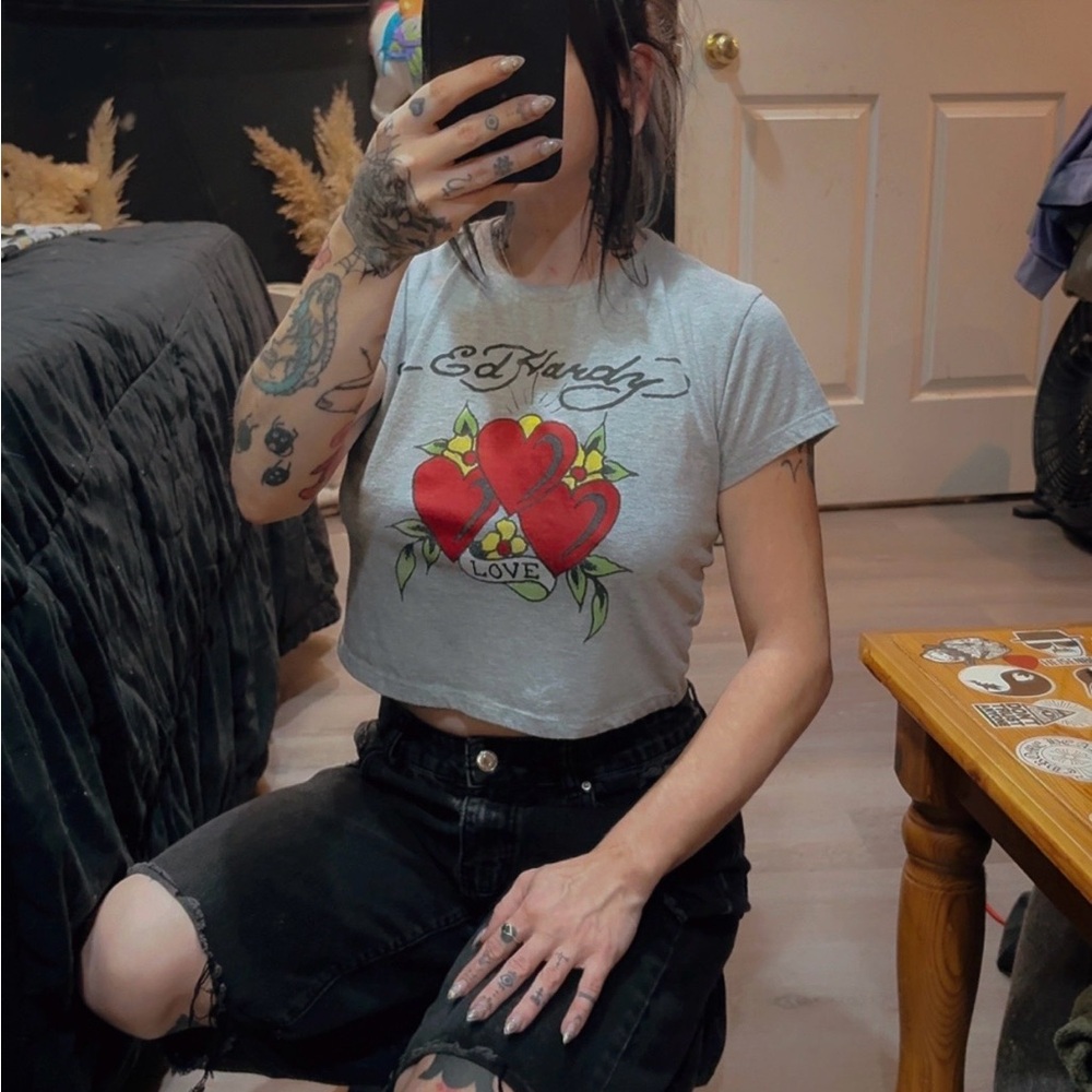 Ed Hardy Gray Graphic Crop T-Shirt